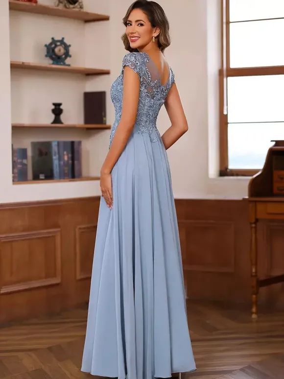 Robe de soirée pour mère de la mariée décolleté illusion manches courtes robe de bal dentelle robes d'invitées de mariage