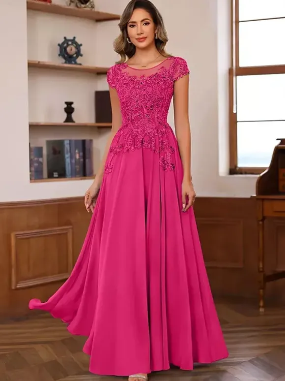 Robe de soirée pour mère de la mariée décolleté illusion manches courtes robe de bal dentelle robes d'invitées de mariage