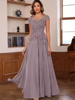 Robe de soirée pour mère de la mariée décolleté illusion manches courtes robe de bal dentelle robes d'invitées de mariage