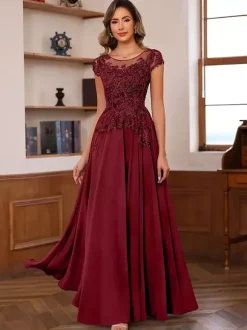 Robe de soirée pour mère de la mariée décolleté illusion manches courtes robe de bal dentelle robes d'invitées de mariage