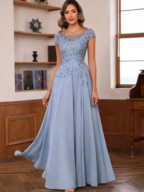 Robe de soirée pour mère de la mariée décolleté illusion manches courtes robe de bal dentelle robes d'invitées de mariage