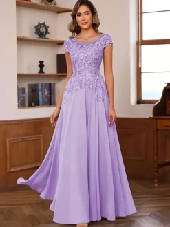 Robe de soirée pour mère de la mariée décolleté illusion manches courtes robe de bal dentelle robes d'invitées de mariage