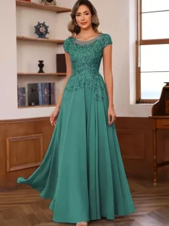 Robe de soirée pour mère de la mariée décolleté illusion manches courtes robe de bal dentelle robes d'invitées de mariage