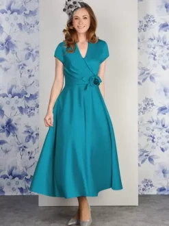 Robe de soirée pour mère de la mariée col en v manches courtes ligne a fleurs longueur cheville robes d'invitées pour mariage