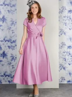 Robe de soirée pour mère de la mariée col en v manches courtes ligne a fleurs longueur cheville robes d'invitées pour mariage
