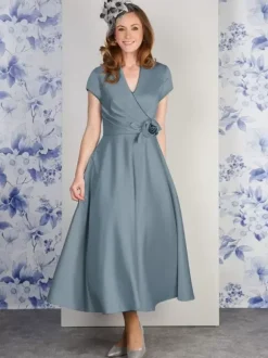 Robe de soirée pour mère de la mariée col en v manches courtes ligne a fleurs longueur cheville robes d'invitées pour mariage