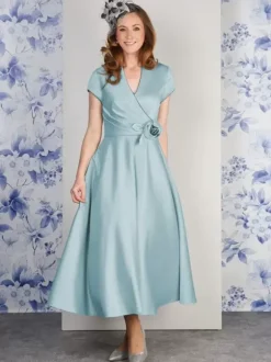 Robe de soirée pour mère de la mariée col en v manches courtes ligne a fleurs longueur cheville robes d'invitées pour mariage