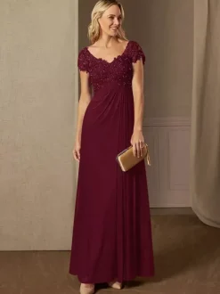 Robe de soirée pour mère de la mariée col en v manches courtes ligne a robes d'invitées de mariage en dentelle