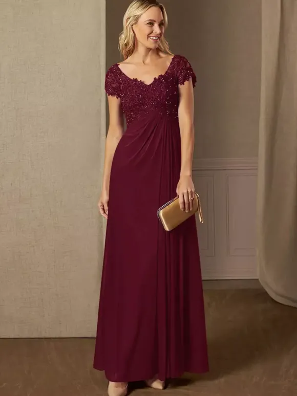 Robe de soirée pour mère de la mariée col en v manches courtes ligne a robes d'invitées de mariage en dentelle