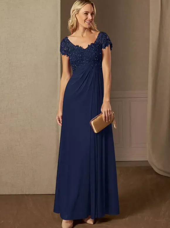 Robe de soirée pour mère de la mariée col en v manches courtes ligne a robes d'invitées de mariage en dentelle