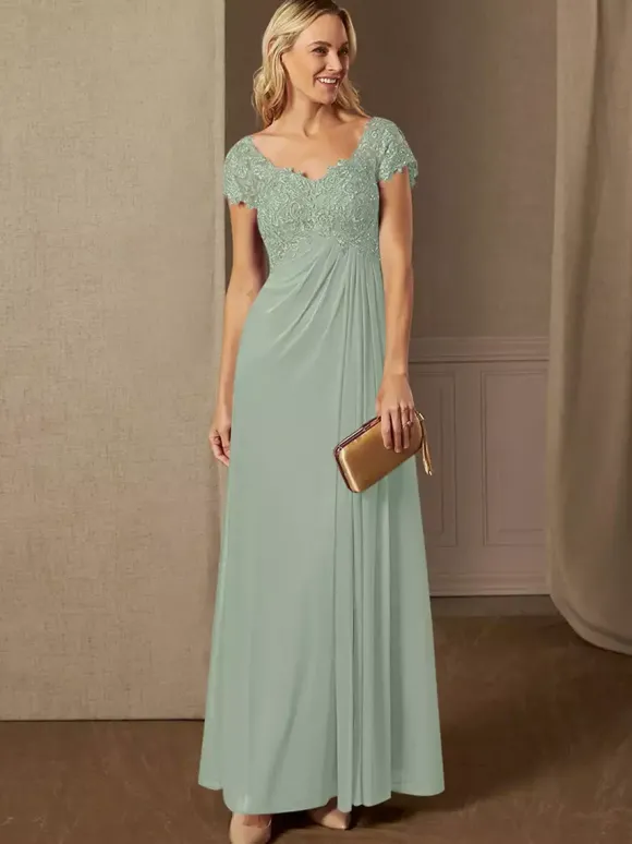 Robe de soirée pour mère de la mariée col en v manches courtes ligne a robes d'invitées de mariage en dentelle