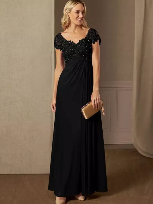 Robe de soirée pour mère de la mariée col en v manches courtes ligne a robes d'invitées de mariage en dentelle