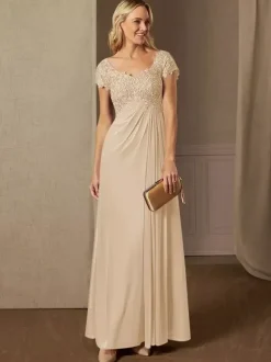 Robe de soirée pour mère de la mariée col en v manches courtes ligne a robes d'invitées de mariage en dentelle