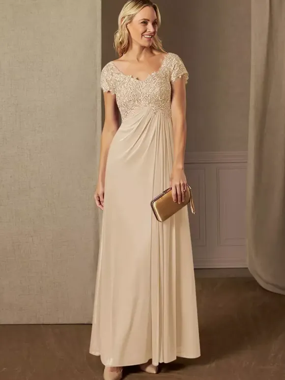 Robe de soirée pour mère de la mariée col en v manches courtes ligne a robes d'invitées de mariage en dentelle
