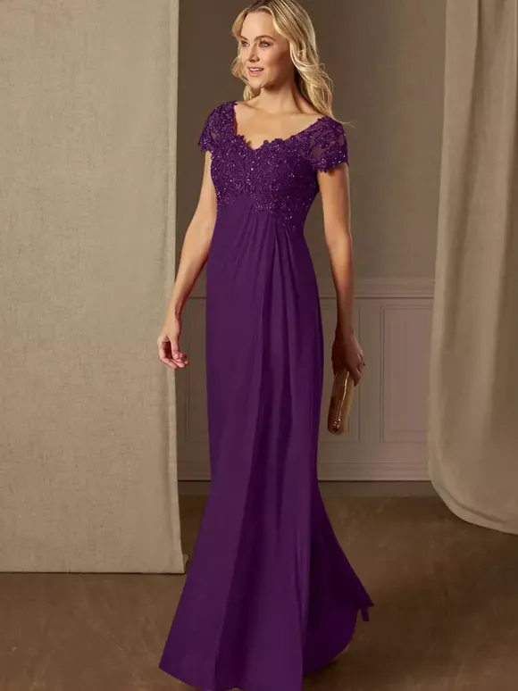 Robe de soirée pour mère de la mariée col en v manches courtes ligne a robes d'invitées de mariage en dentelle
