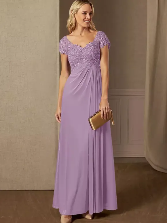 Robe de soirée pour mère de la mariée col en v manches courtes ligne a robes d'invitées de mariage en dentelle