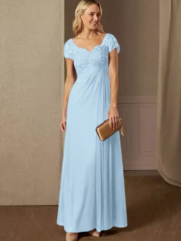 Robe de soirée pour mère de la mariée col en v manches courtes ligne a robes d'invitées de mariage en dentelle