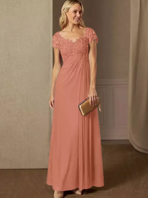 Robe de soirée pour mère de la mariée col en v manches courtes ligne a robes d'invitées de mariage en dentelle