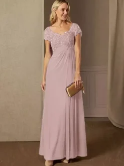Robe de soirée pour mère de la mariée col en v manches courtes ligne a robes d'invitées de mariage en dentelle