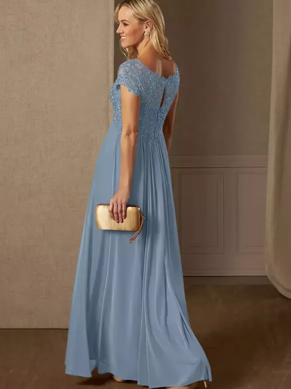 Robe de soirée pour mère de la mariée col en v manches courtes ligne a robes d'invitées de mariage en dentelle