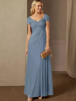 Robe de soirée pour mère de la mariée col en v manches courtes ligne a robes d'invitées de mariage en dentelle