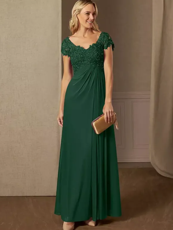 Robe de soirée pour mère de la mariée col en v manches courtes ligne a robes d'invitées de mariage en dentelle