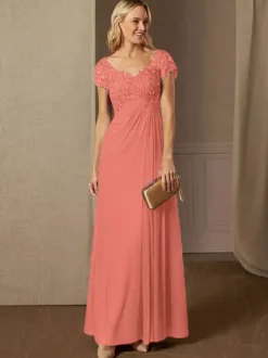 Robe de soirée pour mère de la mariée col en v manches courtes ligne a robes d'invitées de mariage en dentelle