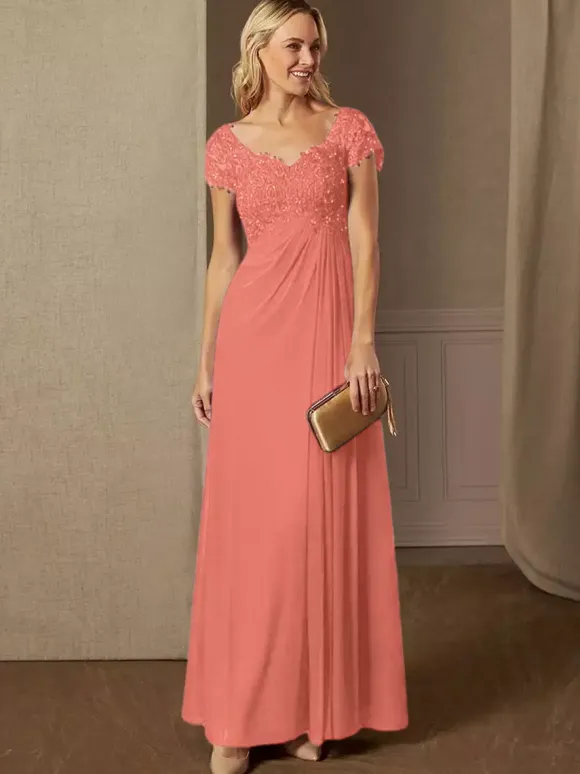 Robe de soirée pour mère de la mariée col en v manches courtes ligne a robes d'invitées de mariage en dentelle