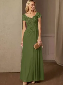 Robe de soirée pour mère de la mariée col en v manches courtes ligne a robes d'invitées de mariage en dentelle