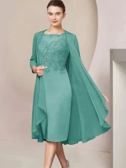 Robe de soirée pour mère de la mariée col bijou manches courtes A-ligne dentelle thé longueur robes d'invité pour mariage personnalisation gratuite