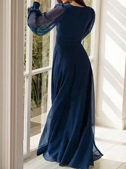 Robe de soirée pour mère de la mariée col en v manches longues ligne a robes d'invitées plissées pour mariage