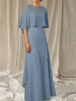 Robe de soirée pour mère de la mariée col bijou manches mi-longues robe de bal à volants robes d'invitées pour mariage