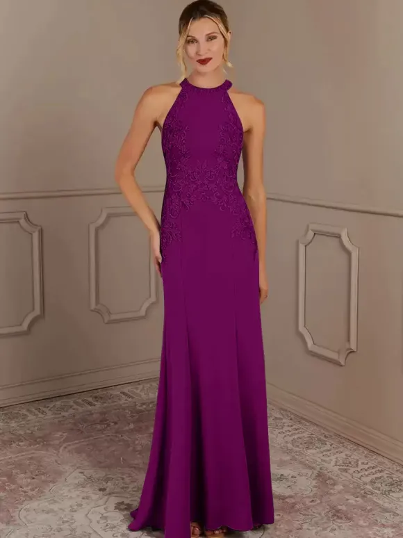 Robe de soirée pour mère de la mariée col licou sans manches sirène perlée avec traîne robes d'invitées pour mariage