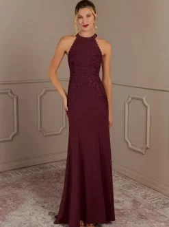 Robe de soirée pour mère de la mariée col licou sans manches sirène perlée avec traîne robes d'invitées pour mariage