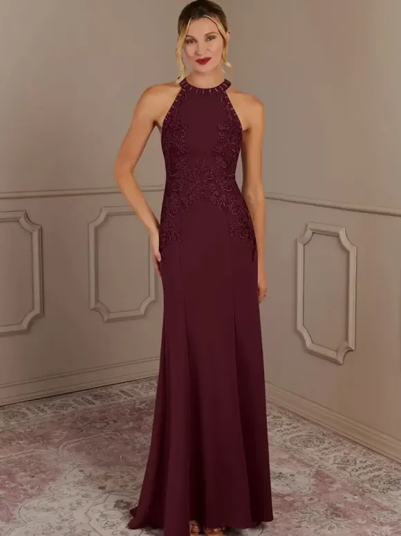 Robe de soirée pour mère de la mariée col licou sans manches sirène perlée avec traîne robes d'invitées pour mariage