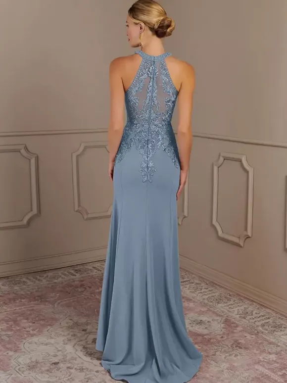 Robe de soirée pour mère de la mariée col licou sans manches sirène perlée avec traîne robes d'invitées pour mariage