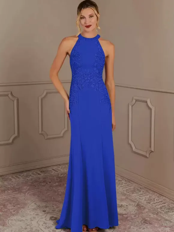Robe de soirée pour mère de la mariée col licou sans manches sirène perlée avec traîne robes d'invitées pour mariage
