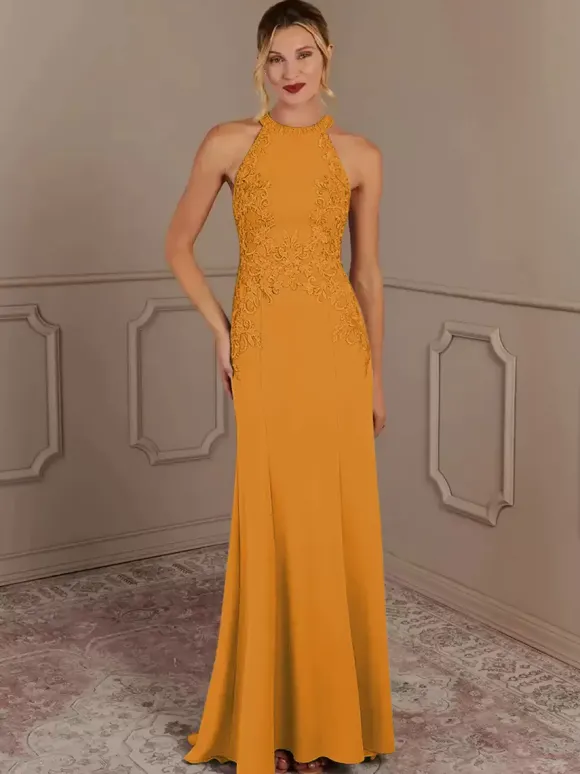 Robe de soirée pour mère de la mariée col licou sans manches sirène perlée avec traîne robes d'invitées pour mariage