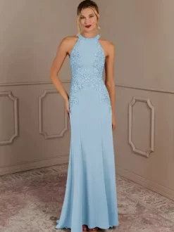 Robe de soirée pour mère de la mariée col licou sans manches sirène perlée avec traîne robes d'invitées pour mariage