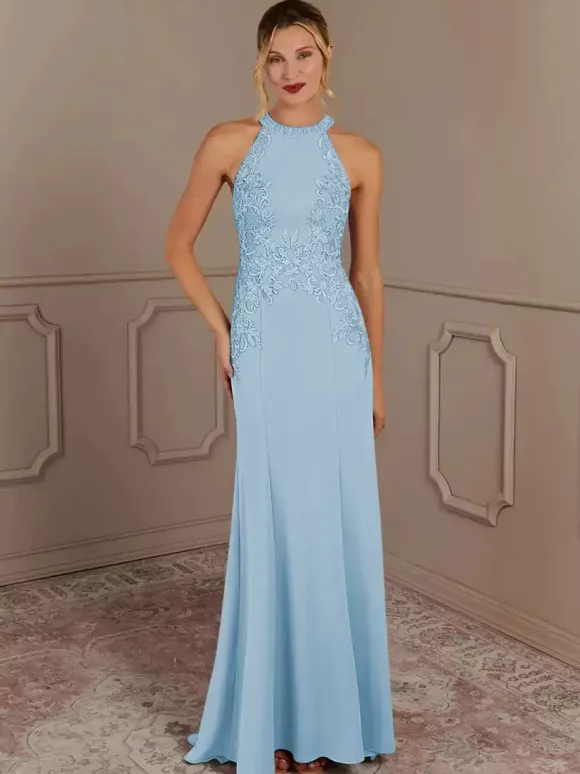 Robe de soirée pour mère de la mariée col licou sans manches sirène perlée avec traîne robes d'invitées pour mariage