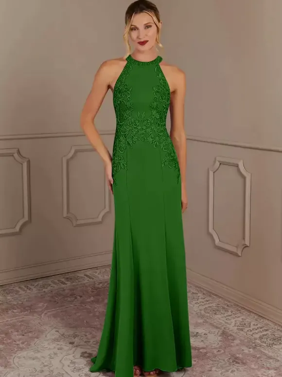 Robe de soirée pour mère de la mariée col licou sans manches sirène perlée avec traîne robes d'invitées pour mariage