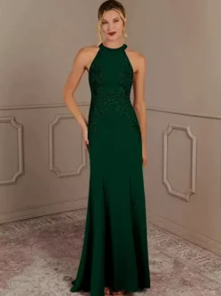 Robe de soirée pour mère de la mariée col licou sans manches sirène perlée avec traîne robes d'invitées pour mariage