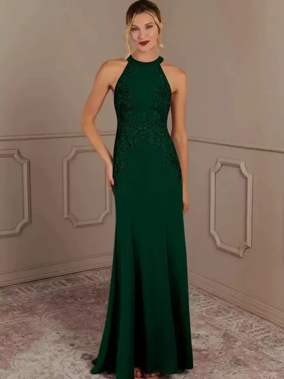 Robe de soirée pour mère de la mariée col licou sans manches sirène perlée avec traîne robes d'invitées pour mariage