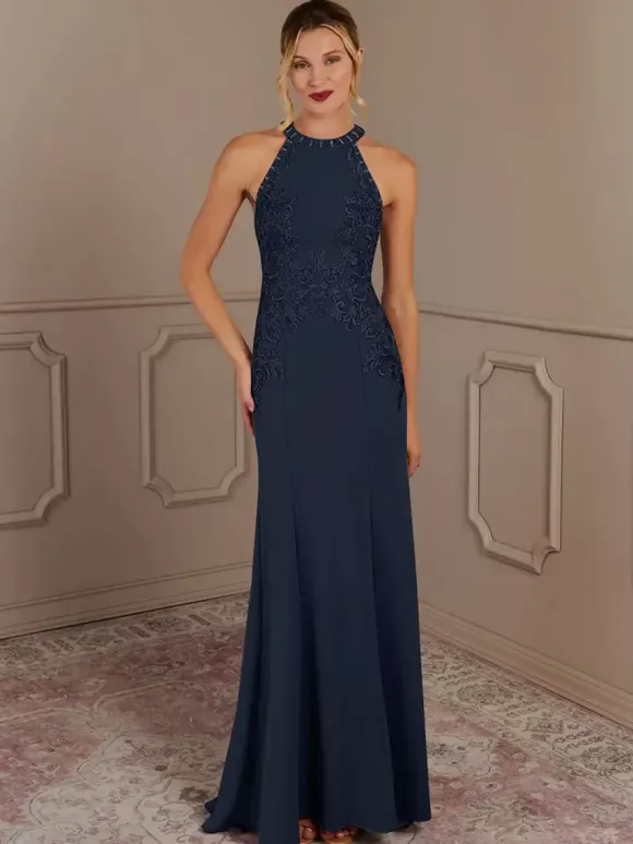 Robe de soirée pour mère de la mariée col licou sans manches sirène perlée avec traîne robes d'invitées pour mariage