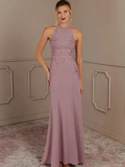 Robe de soirée pour mère de la mariée col licou sans manches sirène perlée avec traîne robes d'invitées pour mariage