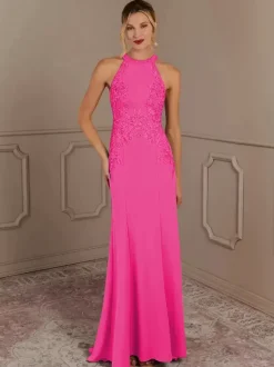 Robe de soirée pour mère de la mariée col licou sans manches sirène perlée avec traîne robes d'invitées pour mariage