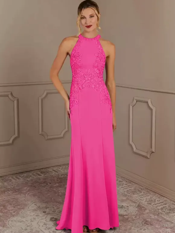 Robe de soirée pour mère de la mariée col licou sans manches sirène perlée avec traîne robes d'invitées pour mariage
