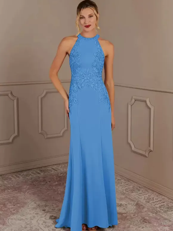 Robe de soirée pour mère de la mariée col licou sans manches sirène perlée avec traîne robes d'invitées pour mariage