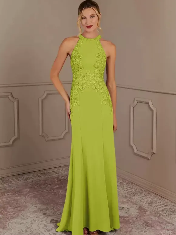Robe de soirée pour mère de la mariée col licou sans manches sirène perlée avec traîne robes d'invitées pour mariage