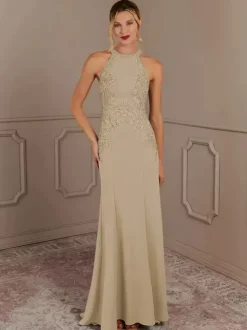 Robe de soirée pour mère de la mariée col licou sans manches sirène perlée avec traîne robes d'invitées pour mariage